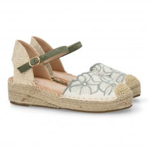 Sandalia de Cuña con Yute y Bordado Floral  Verde Oliva