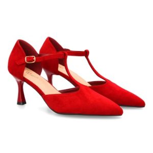 Zapato de tacón medio con tira en T rojo