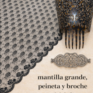 Mantilla negra grande + peineta + broche plata – Pack completo 229€